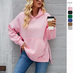 Women's 2023 Autumn and Winter New Fashion Solid Color Hooded Long-sleeved Side Slit Sweatshirt Hoodies Women