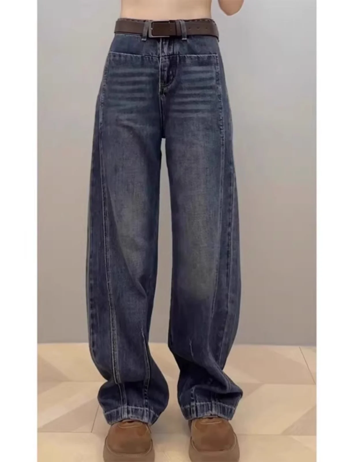 

High Waist Wide Leg Denim Jeans Women's Autumn plus Size Slimming Design Fce Lined Narrow Version Straight Banana Pants