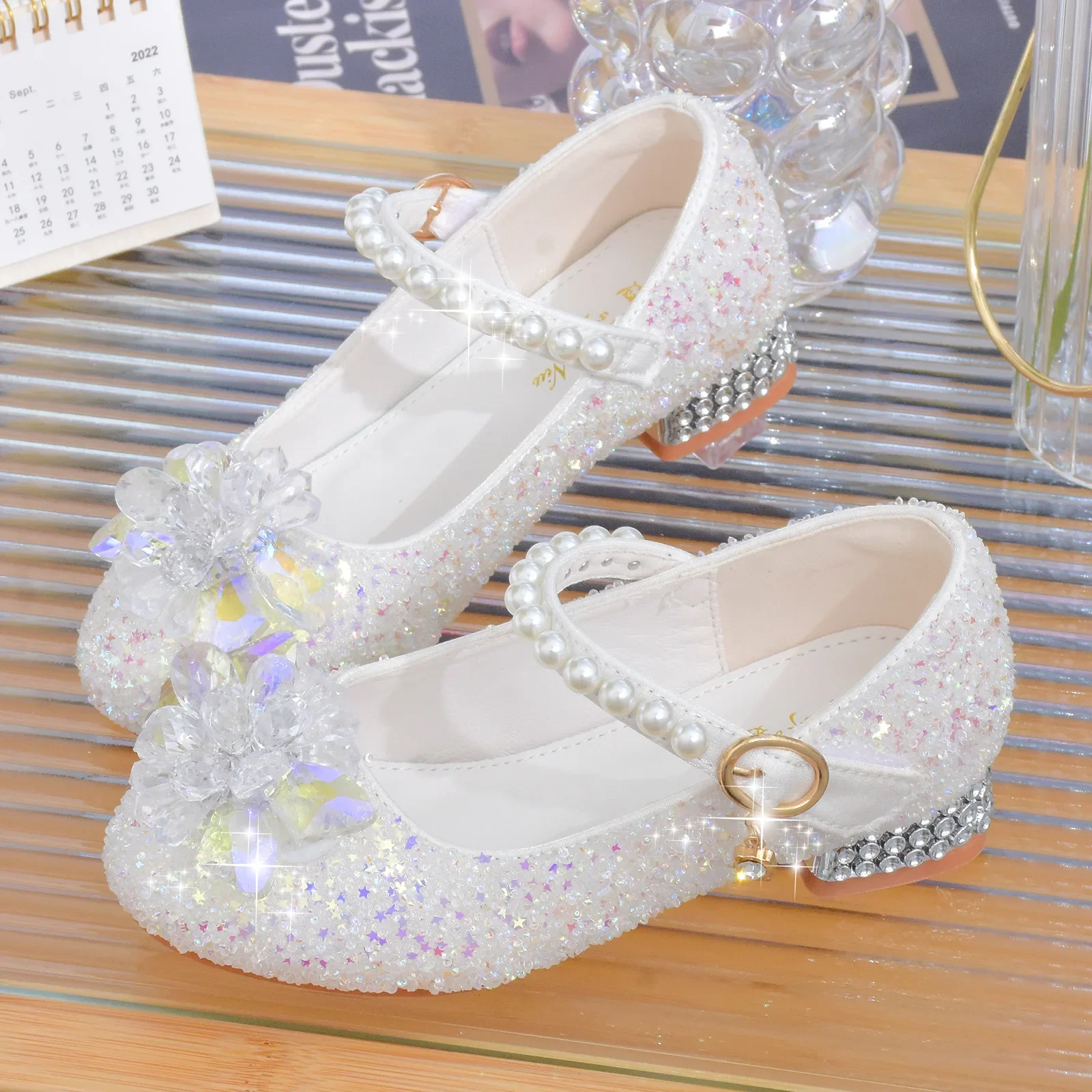 Girls Princess Leatehr Shoes Wedding Children High Heels Shiny Crystal Big Diamond Kids Dance Party Student Performance Shoes