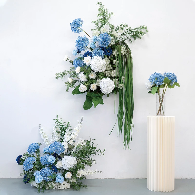 Свадебный фон свод Декор Висячие цветочные синие гортензии белые розы зеленые растения листья Фотоэлементы композиция события реквизит