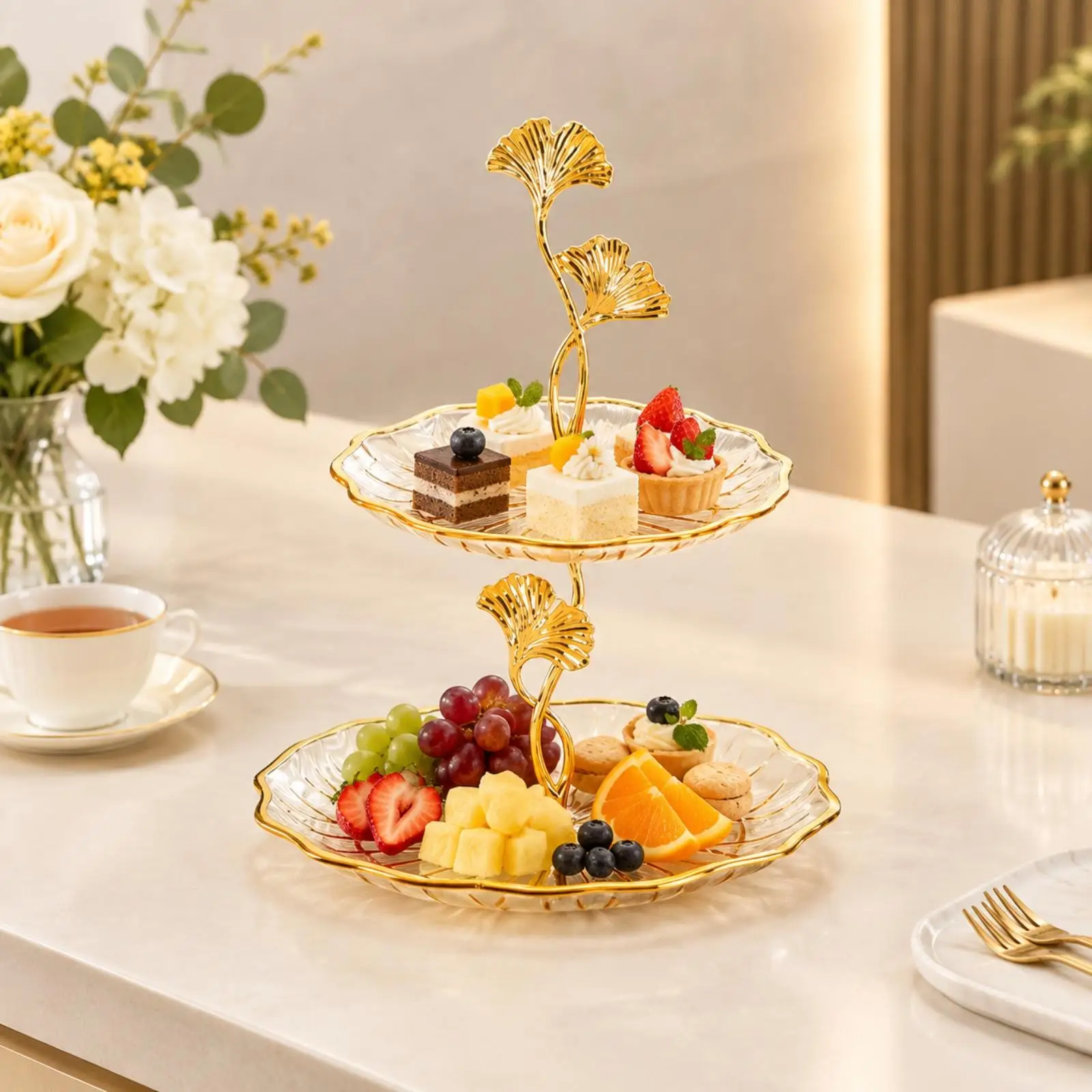 Fancy Gold Trim Serving Tray for Cakes and Refreshments with Unique Botanical Shaped Plates