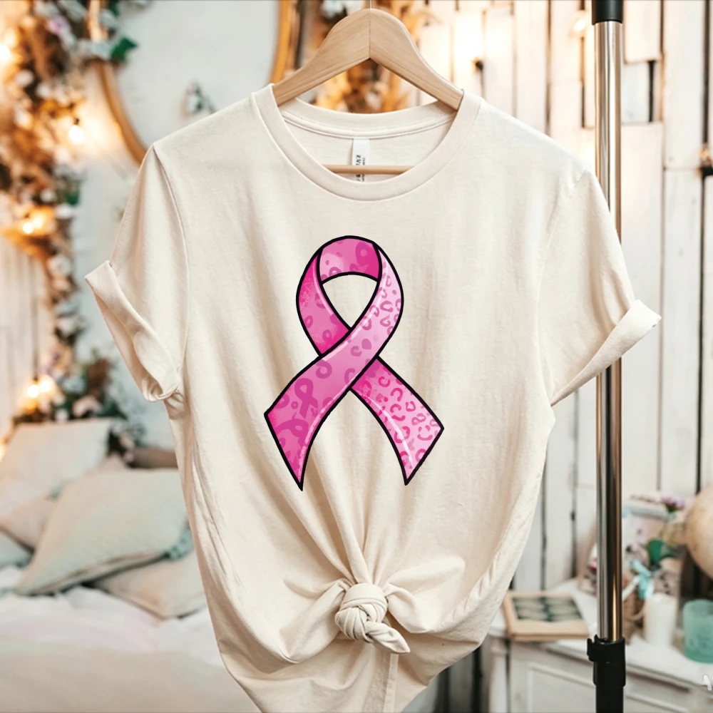 Leopard Print Pink Ribbon T-Shirt Breast Cancer Awareness Simple Graphic Tee Women Pink Ribbon Warrior Minimalist Casual Tops