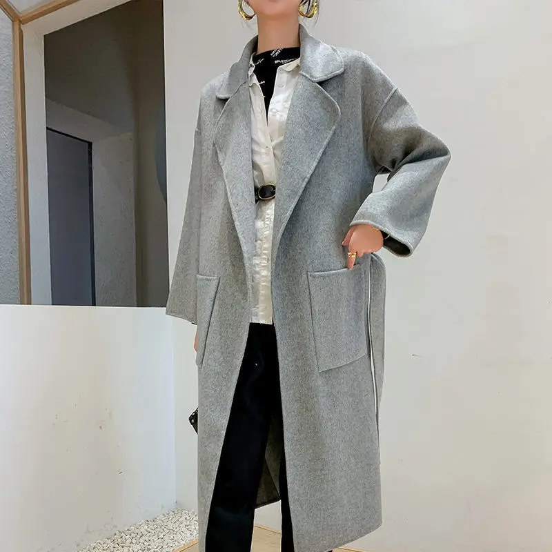 Double-sided side split woolen coat women's medium and long over-knee loose and thin woolen coat women's loose large size