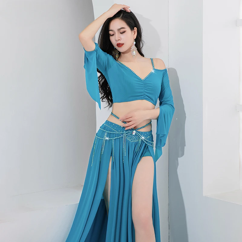 2 Stuks Buikdans Kostuum Outfits Voor Vrouwen Halve Mouwen Top + Mesh Ab Stenen Lange Rok Volwassen Oosterse Buikdanskleding