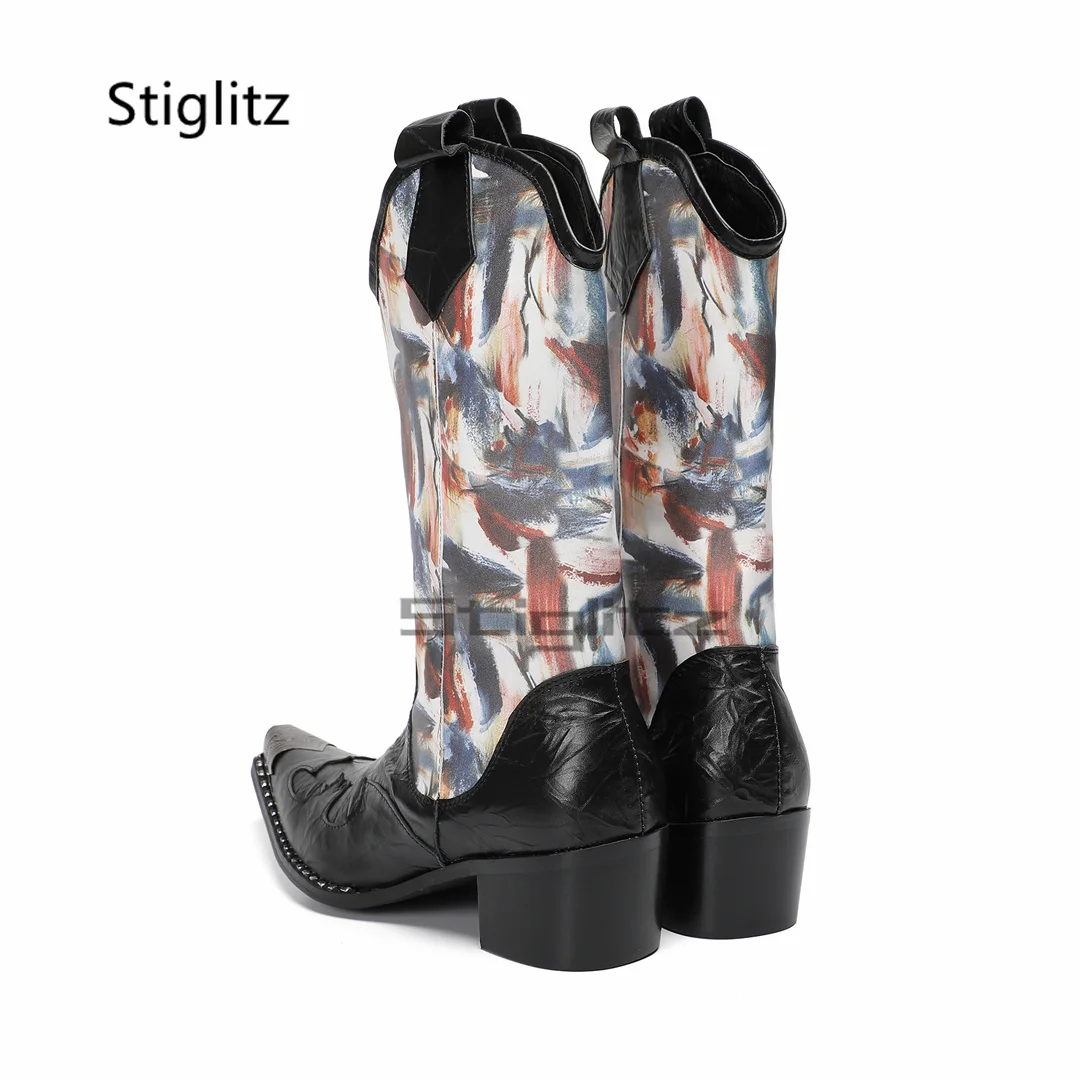 Męskie buty jeździeckie ze skóry bydlęcej z haftem, luksusowe nadruki graffiti, metalowe szpiczaste noski, wysokie obcasy, wsuwane botki Chelsea, buty wizytowe.