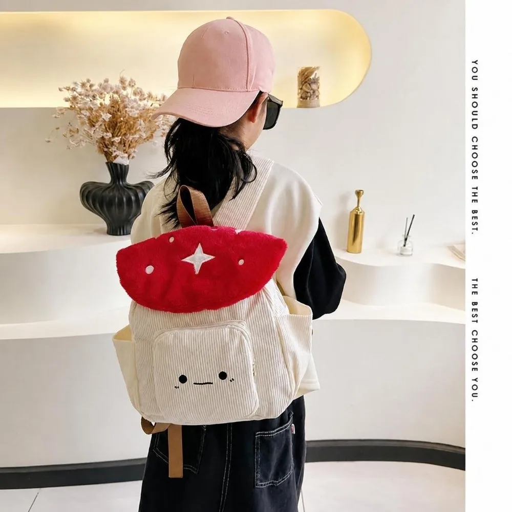 Kawaii Corduroy Cartoon Mushoom Backpack Star Dot Black Red Coffee Schoolbag Large Capacity Flip Cover Shoulder Bag Girls Use