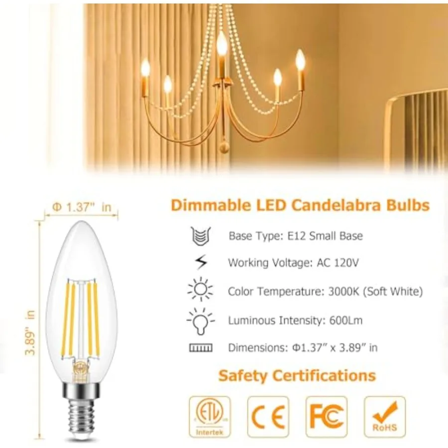 E12 LED Bulb Dimmable, LED Candelabra Bulbs 60Watt Equivalent, Small Base Type B Light Bulbs, Candle Shape Chandelier Light Bul