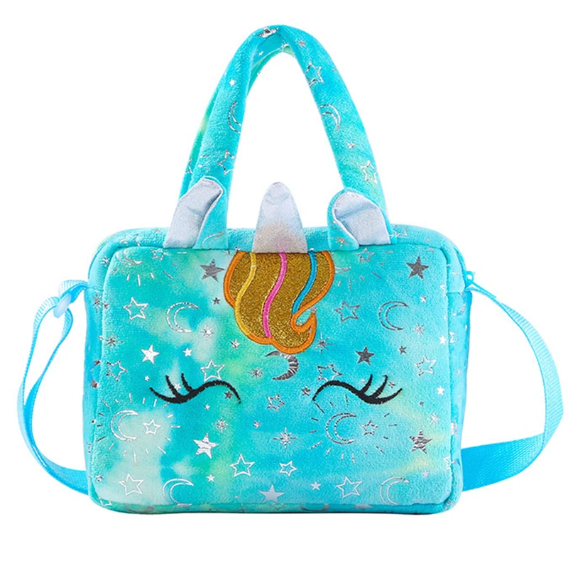 Unicórnio infantil de pelúcia macia mini bolsa crossbody feminina, bolsa de meninas, 2 em 1, estilo bonito e fresco, estrela brilhante, lua