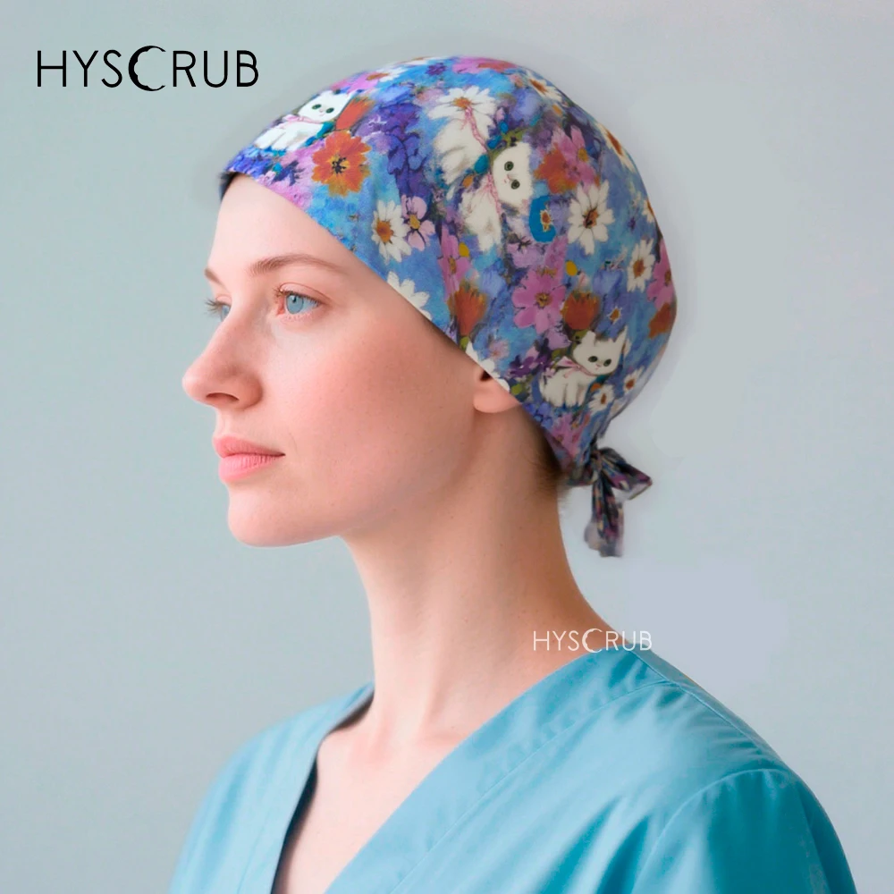 Floral Cat Print Scrubs Cap Medical Operating Room Hat Comfortable Scrub hat for Doctor Nurse