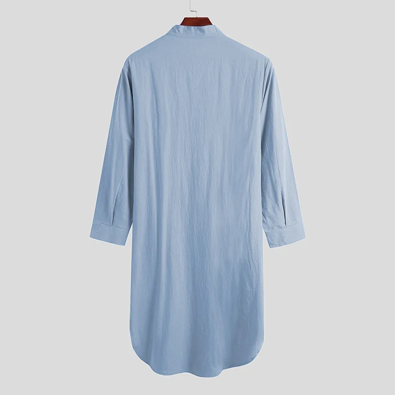 Männer Button-down Schlaf Roben Einfarbig Stehkragen Langarm Nachthemd Mode Komfortable Hause Tragen Lose Bademäntel m-3XL – Detail 4