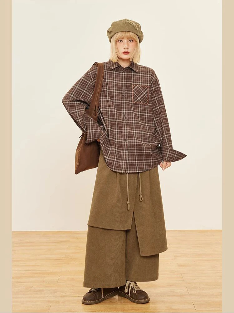 

Japanese Harajuku spicy girl retro irregular corduroy skirt pants autumn/winter Y2K women's elastic waist loose wide leg pants