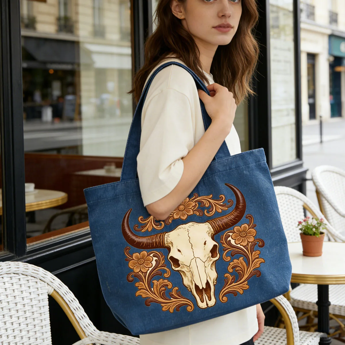 

1pc retro floral cow pattern denim bag, large-capacity commuter tote bag, versatile single-shoulder handbag