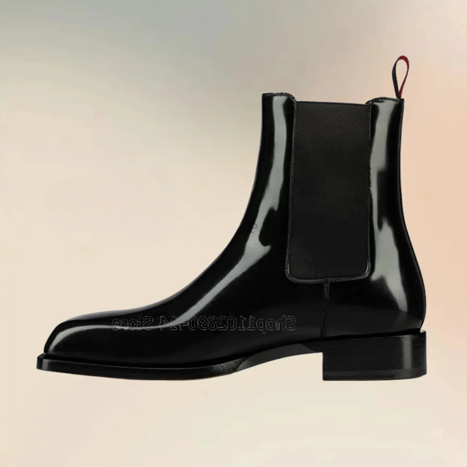 Black Patent Leather Patchwork Square Toe Boots Fashion Slip On Men Boots Luxury Handmade Party Banquet Office Men Dress Shoes