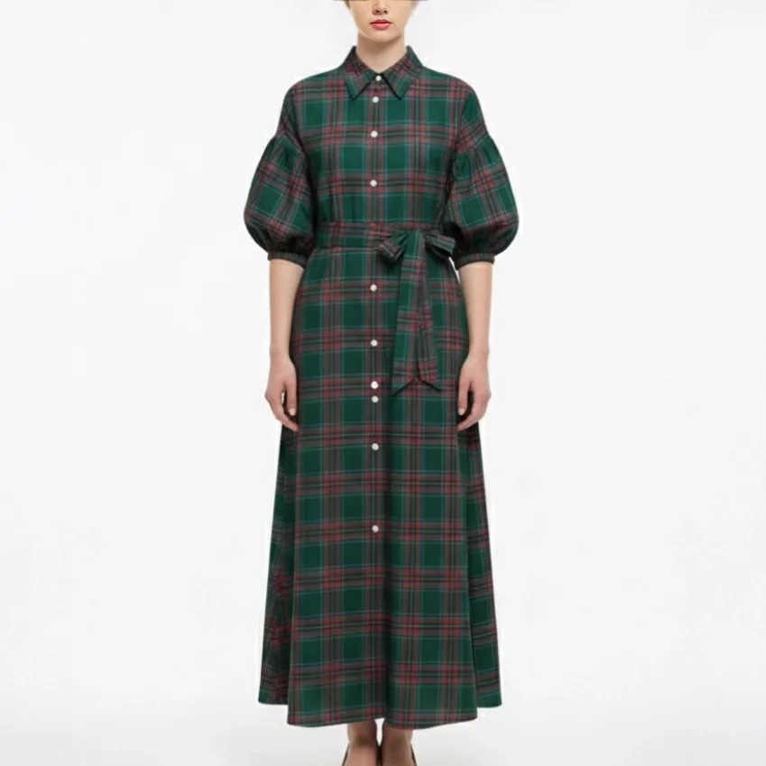 

2026 Women's New Christmas Element Green And Red Plaid Long Casual Fashion Shirt Dress