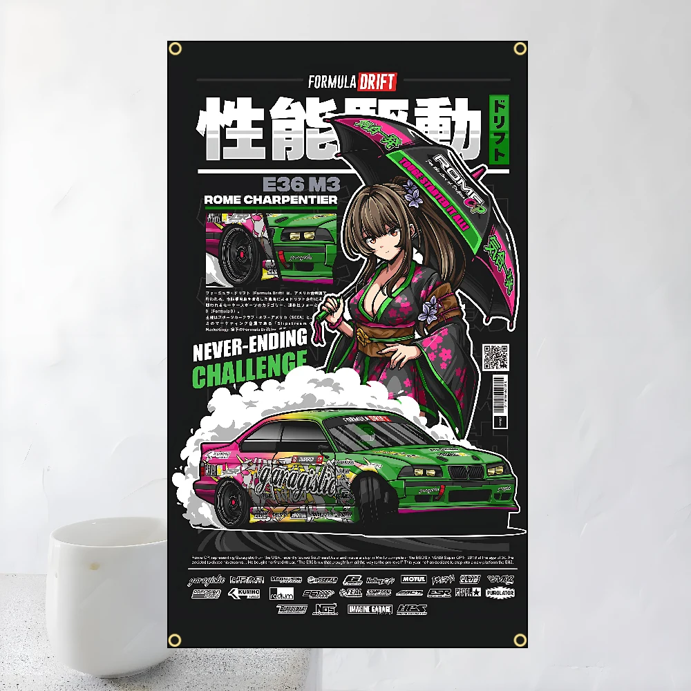 JDM Cool Cars Flags Polyester Printed Banner For Home Decoration