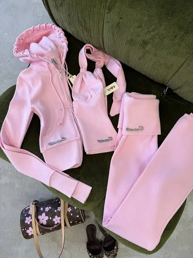 Nouvelle mode Y2K vêtements de sport deux pièces ensemble femmes décontracté rose bleu esthétique Yoga costume taille courte sweat à capuche mince pantalons de sport décontractés