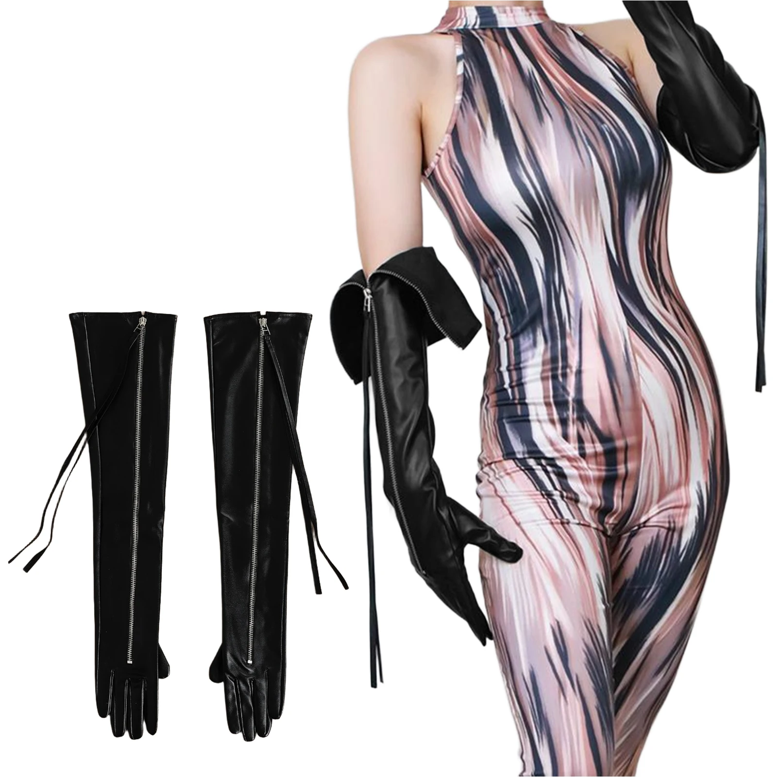 1Pair Women Extended Faux Leather Full Fingers Gloves Zipper Tassels Design Gloves Accessories for Cosplay Costume Nightclub