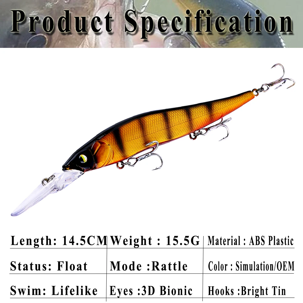 Chan's Huang 1PCS 14.5CM 15.5G Saltwater Minnow Fishing Lures Artificial Floating Hard Bait Deep Water Bill Jerkbait Minnow