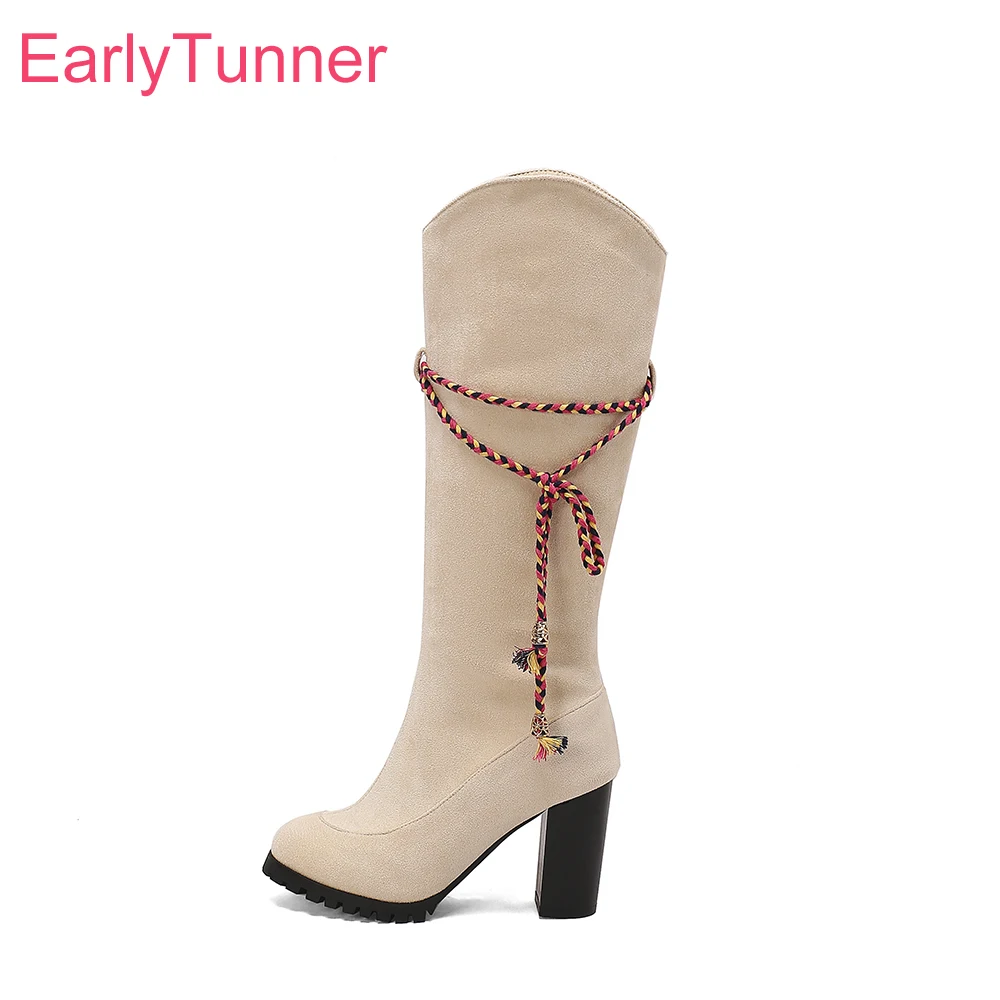 

2025 New Winter Mature Beige Black Women Knee High Boots High Heels Office Lady Dress Shoes Plus Small Big Size 13 33 45 48 50