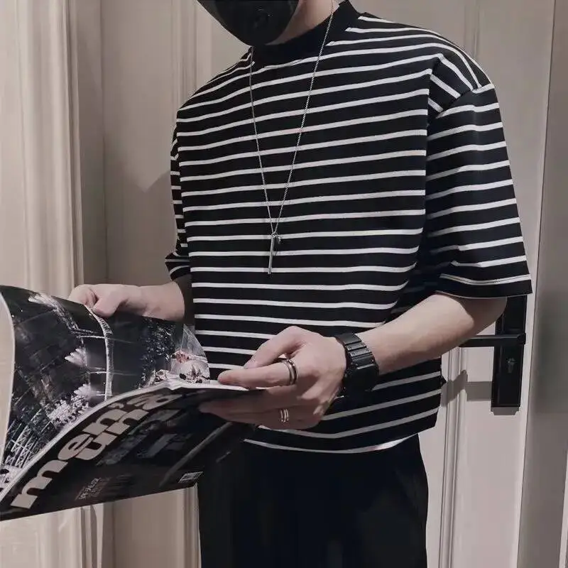 

Korean Summer New Fashion Stripe Short Sleeve T-Shirt Men Simple Turtleneck Male Clothes Trend Loose Casual Versatile Thin Tops