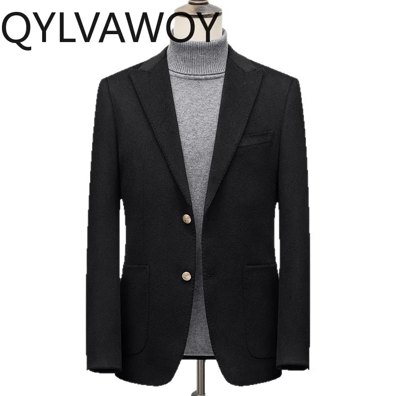 

QYLVAWOY Мужской шерстяной блейзер (80% шерсть), кашемировые куртки, осенне-зимние пиджаки для мужчин, пальто из тутового шелка, элитная деловая повседневная одежда