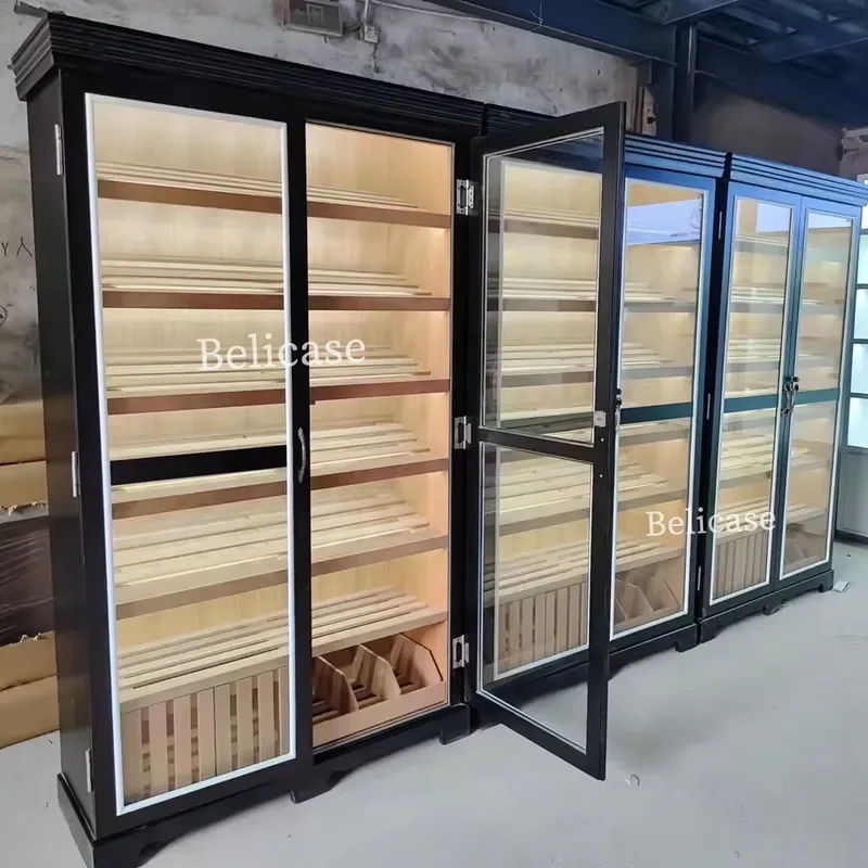 Factory Supplier Double Door Led Light Cigar Cabinet Display Commercial Cigar Humidor Showcase Cabinet Custom Cigar Cabinet