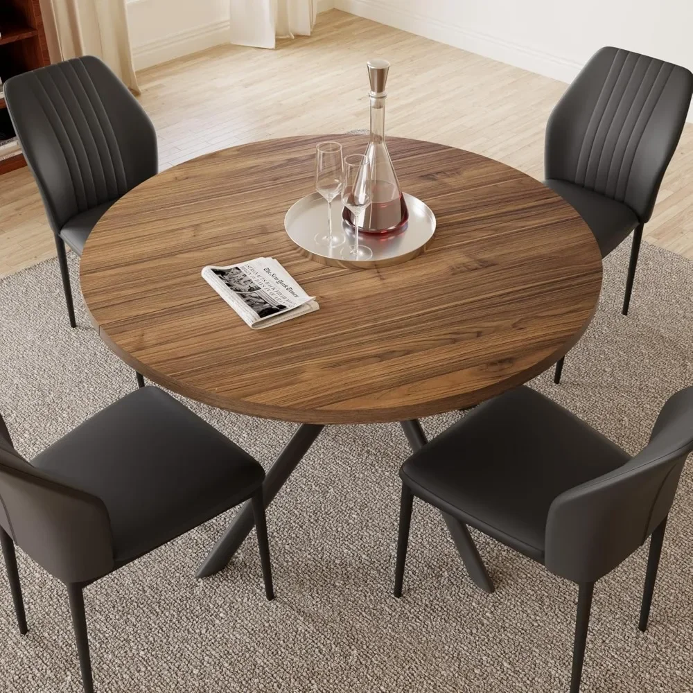 45.3'' Walnut Round Dining Table Set for 4, Mid Century Modern Small Coffee Set for Dining Room Kitchen Apartment