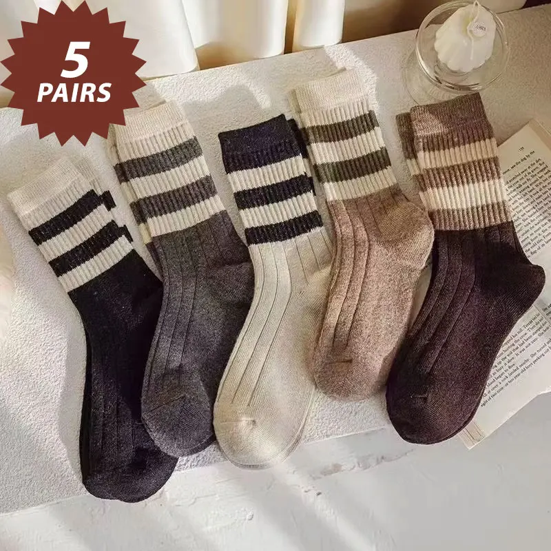 5 Pairs Striped Print Socks, Comfy & Soft Mid Tube Socks, Women's Stockings & Hosiery