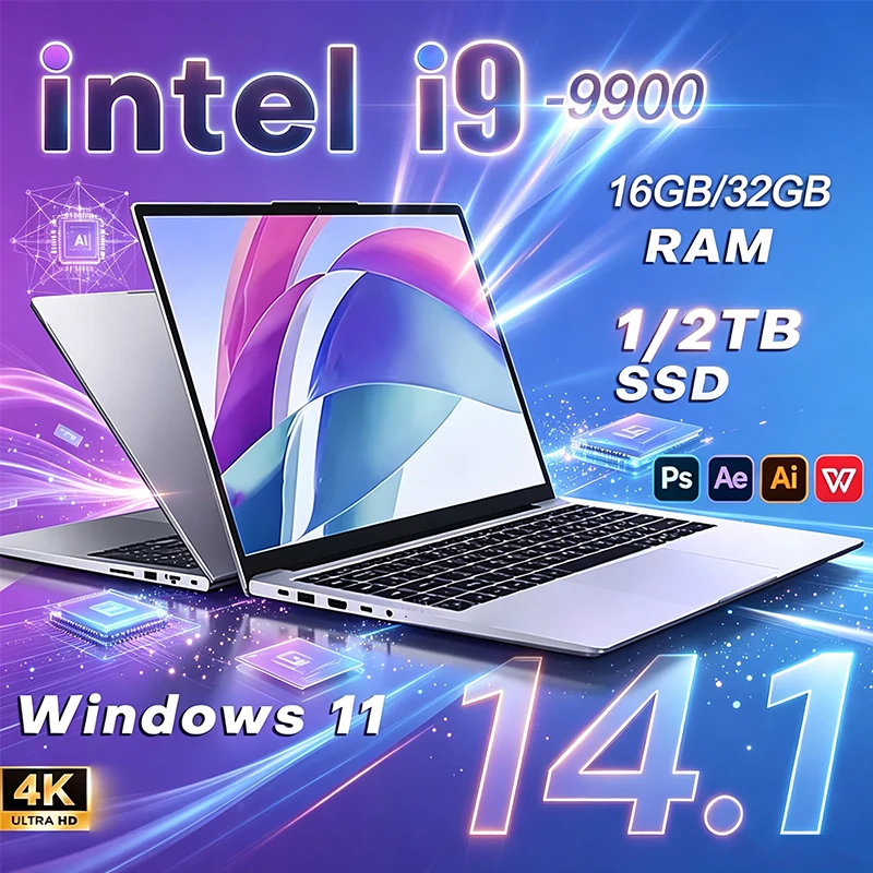 2026 14.1' Ultra Slim Laptop Intel Core I9-9900 16GB RAM 1/2TB SSD Windows 11 Fingerprint Unlock Office Game Backlight Laptop