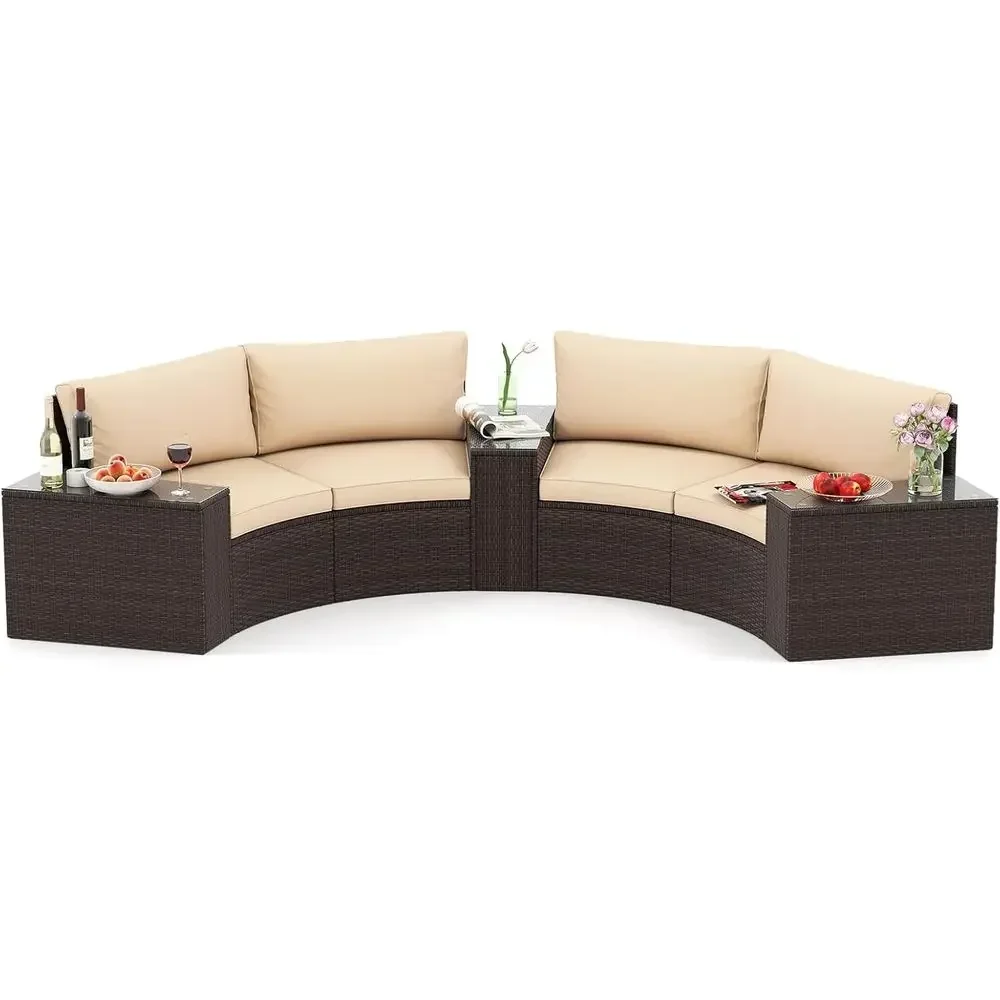 Half-Moon Curved Sectional Sofa Set with Tempered Glass Side Tables, Beige Outdoor Patio Furniture for Backyard and Poolside