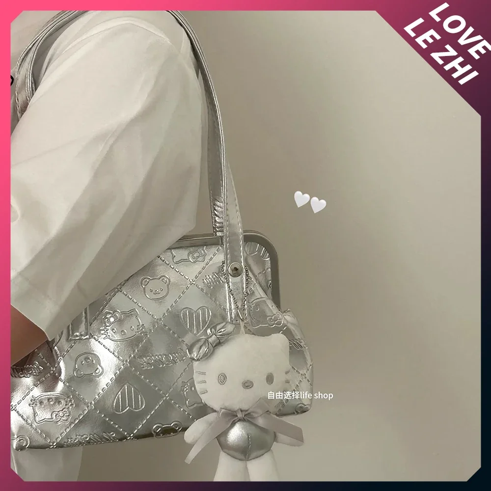 Sanrio argenteo Hello Kitty borsa a tracolla monospalla borsa a tracolla di grande capacità borsa da viaggio a breve distanza per studentessa