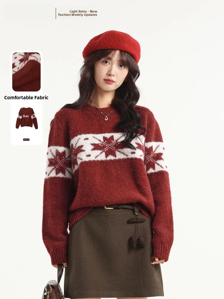 

Spring New Red American Knitted Sweater Memorable Start round Ne Overhead Soft Nylon Acrylic Polyester Blend Women's Knitwear