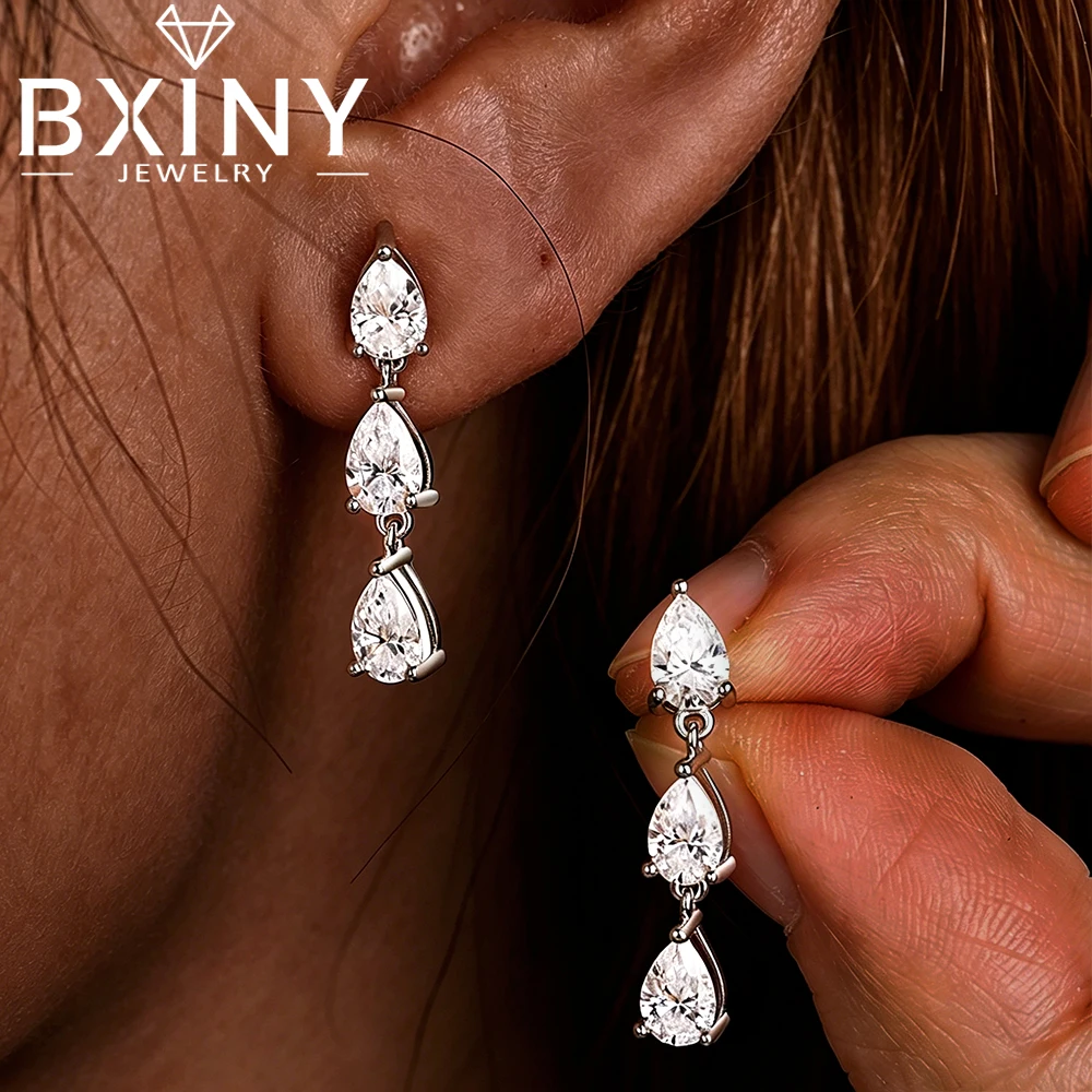 BXINY 3cttw Moissanite Tassel WaterDrop Earrings S925 Silver Pear Diamonds Dangle Ear Studs for Women Wedding Gifts Fine Jewelry