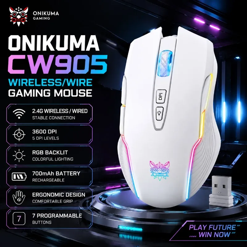 ONIKUMA CW905 Wireless Gaming Mouse 2.4G Wired 3600 DPI RGB Rechargeable 700mAh 7 Button Optical Ergonomic PC Gamer Computer