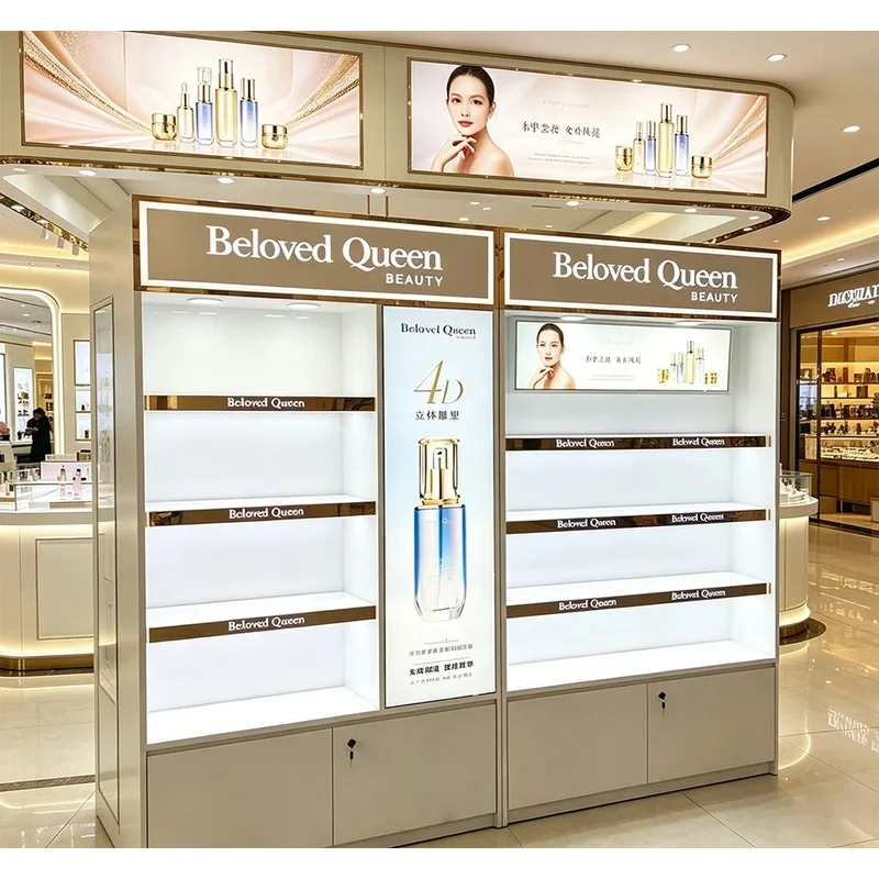 custom.Luxury Rotating Perfume & Cosmetics LED Display Cabinet with Custom Retail Shelf Stand Makeup & Skincare Products