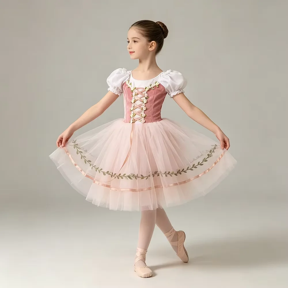 Professional Ballet Dress Girls Kids Puff Sleeve Flower Velvet Gauze Patchwork Ribbon Ballerina Party Dress Children Girl Adult