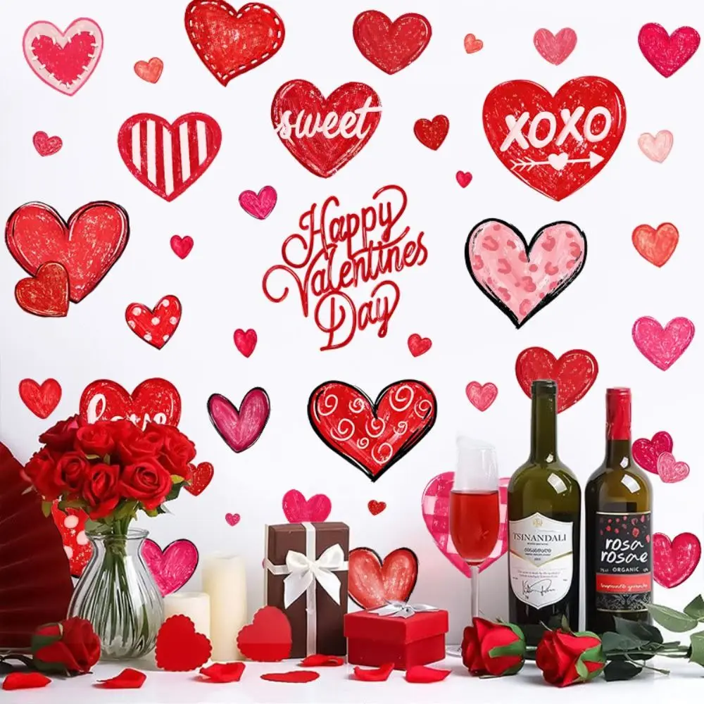 49PCS/6Sheets Heart Shaped Valentine’s Day Love Stickers Romantic PVC Window Stickers Red Wall Stickers Holiday Party