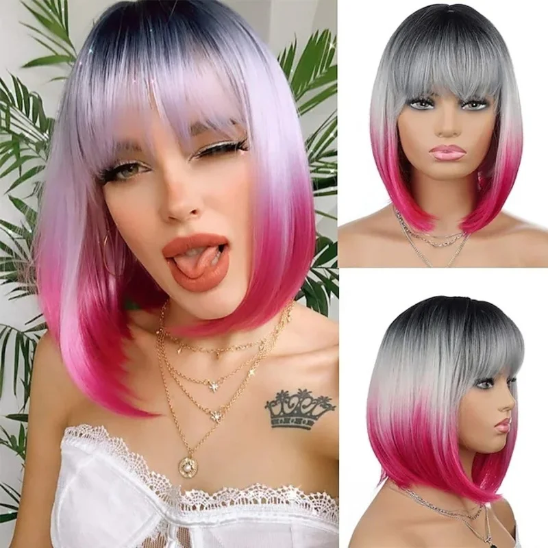 European American style women's wig with bangs, BOBO cut, black, gray, and purple gradient synthetic high-temperature fiber