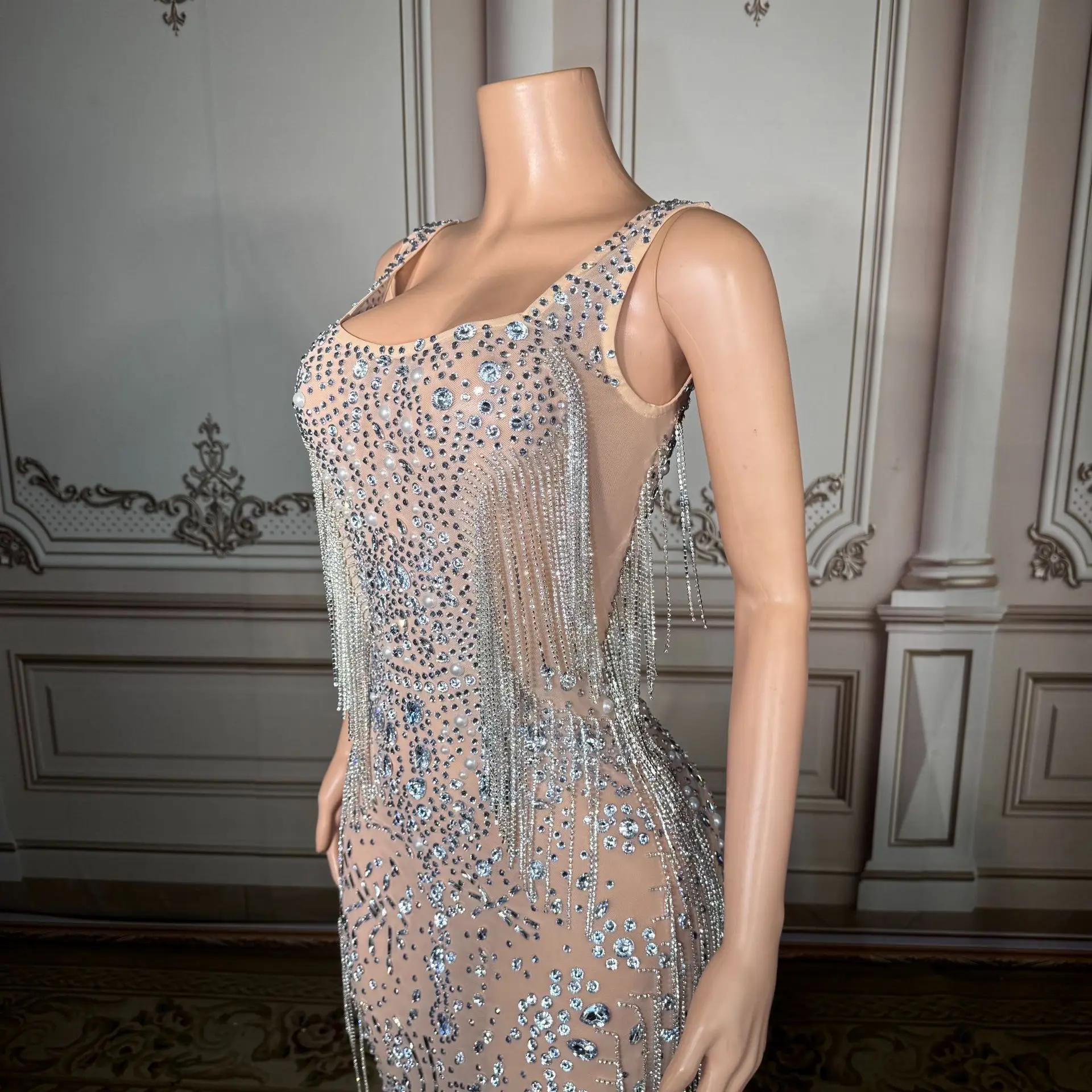 

Sexy rhinestone fitted line skirt for formal party dazzling dress for performance women's sexy gown