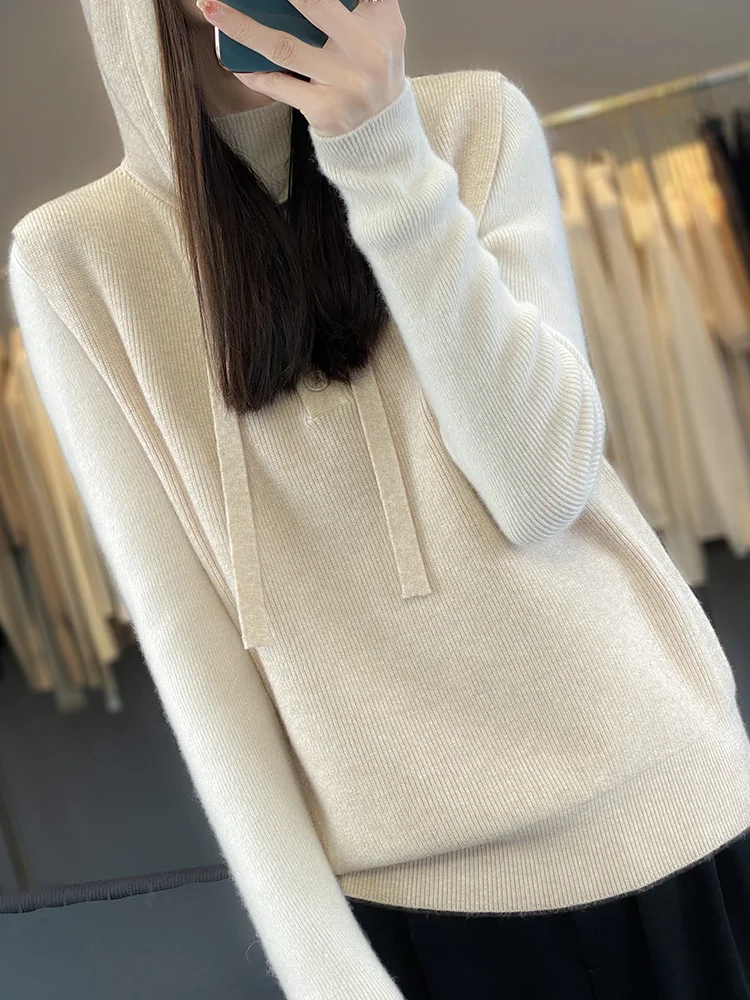 New Autumn Winter Merino Wool Hooded Pullover Women\'s Vest With Hood Sleeveless Vest Knitted Outerwear Fashion Soft Casual Style