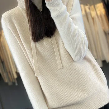 메리노 울 후드 풀오버 여성 조끼, 후드 포함 민소매 니트 아우터, 부드러운 캐주얼 스타일 패션, 가을 겨울 신상 