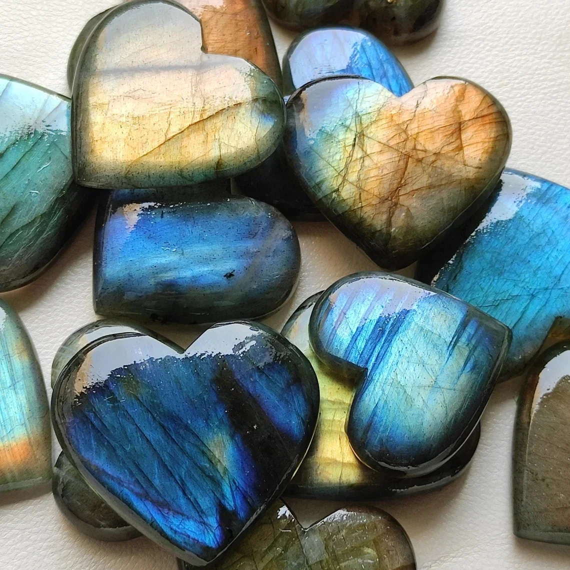 2-Piece Natural Labradorite Heart Cabochons, Smooth Polished Flat Back Gemstones for Jewelry Making, Wire Wrapping & Crystal Pen