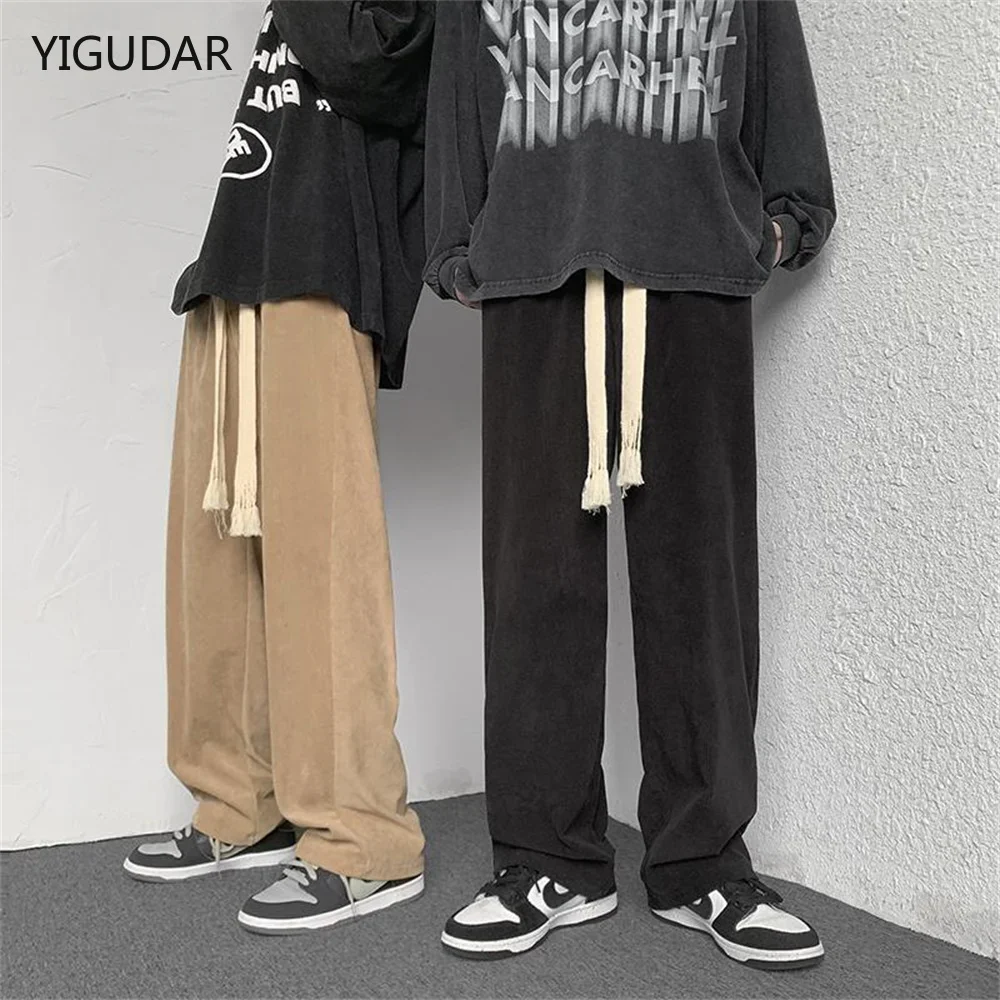 

Casual Pants Men Corduroy Chic Ins New Fashion Korean Straight High Waist Streetwear All-match Student Loose Harajuku Black Soft