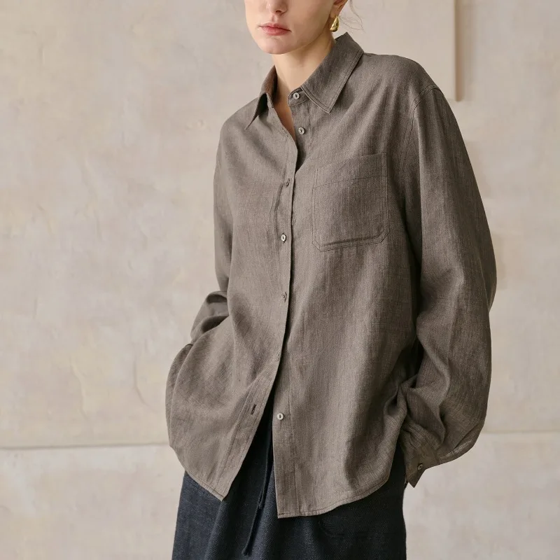 

Ретро-рубашка из лиоцелла и льна синего цвета для женщин, с отложным воротником, длинными рукавами, на пуговицах, простая повседневная свободная офисная блузка, весенний топ