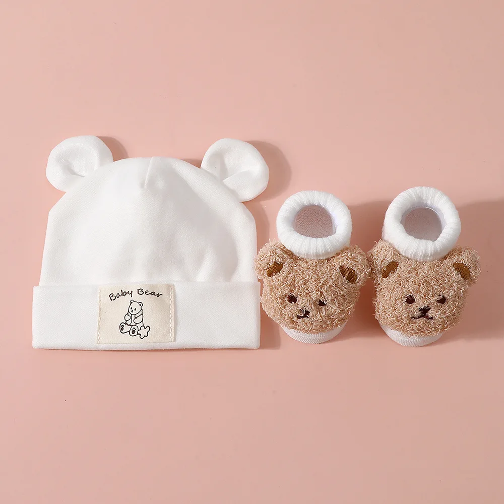 2-teiliges Set mit Bärenohren-Babymütze und Stricksocken aus Baumwolle, Neugeborenen-Kopftuch, Beanie für Herbst und Winter, Warme Kinder-Pullover-Mütze, Baby-Accessoires – Detail 5