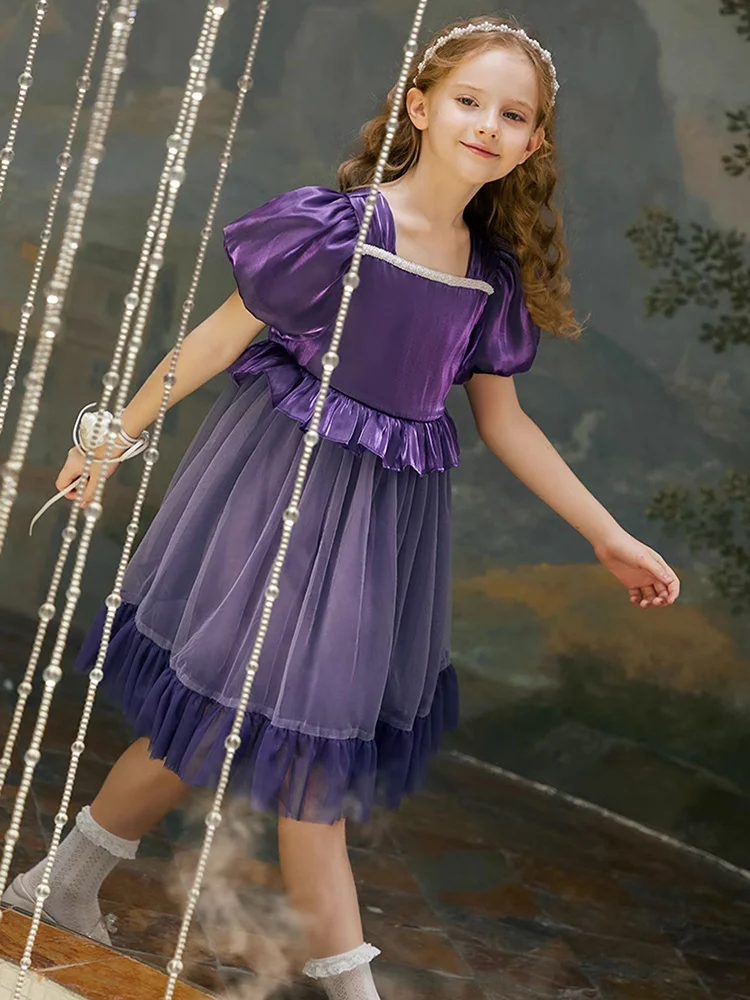 Baby Girls Summer Wedding Bridemaid Dresses Deep Purple Gauze Birthday Party Princess Clothes 3yrs 14T Kids Wear 110cm 170cm