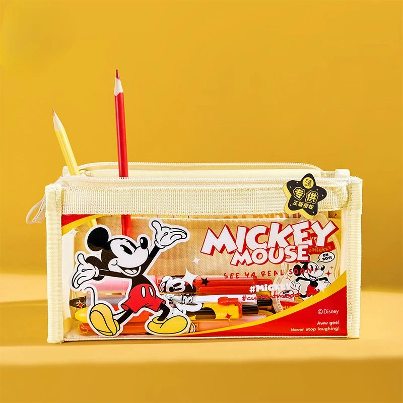 Disney Mickey Mouse Pencil Case Cartoon Transparent Large Capacity Pen Bag Anime Cute Student School Stationery Storage Bag Gift