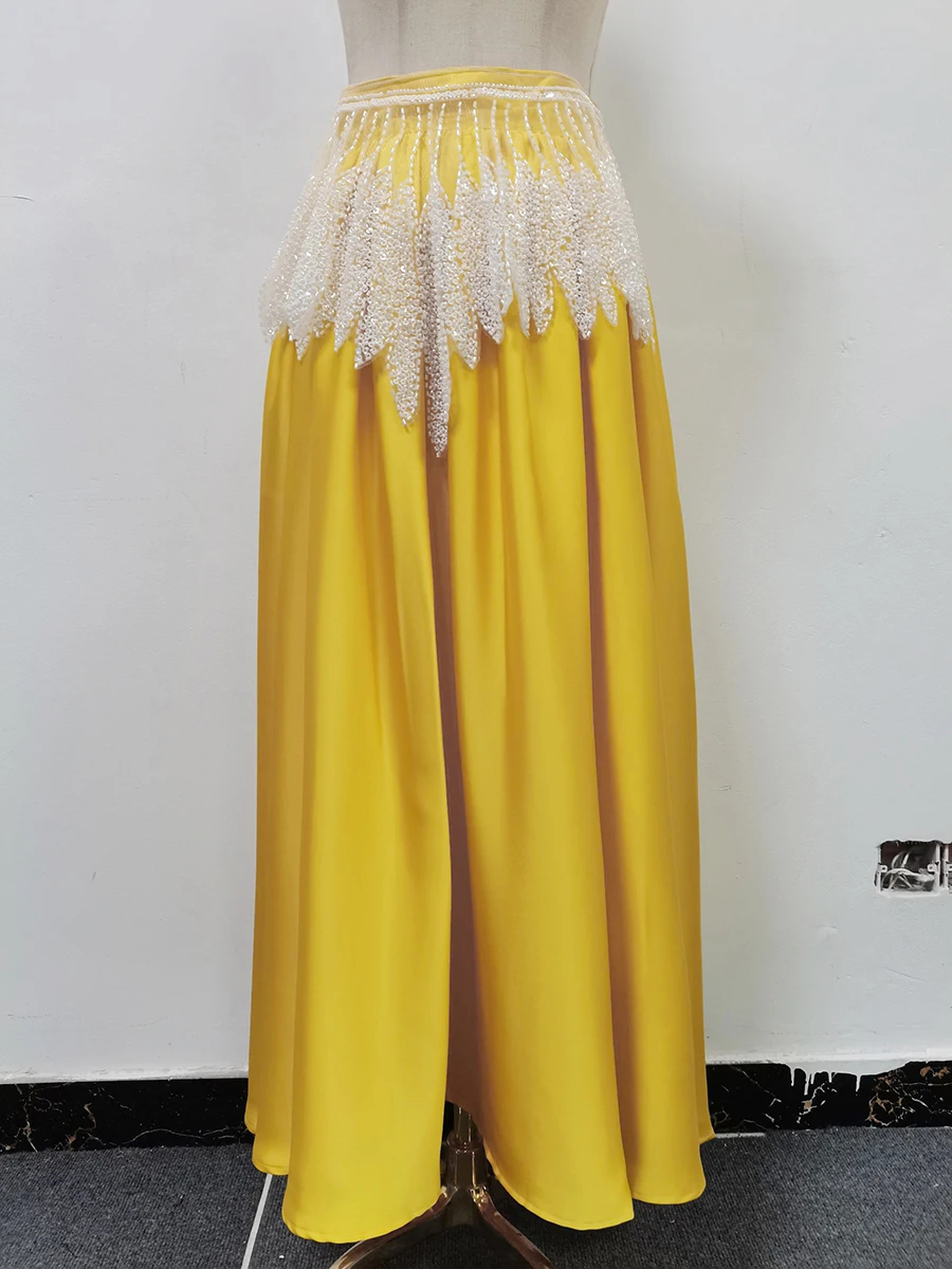 CHICEVER Solid Spliced Beading Taseel Prom Evening Skirt for Women High Waist Patchwork Folds Temperament Skirt Female Clothes