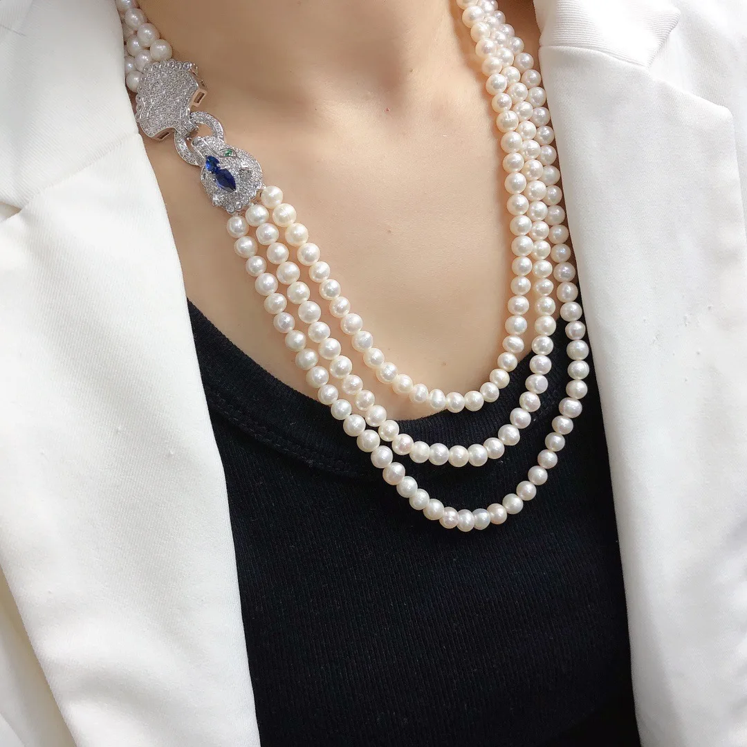 

Natural 3row 6-7mm freshwater pearl necklace women fashion French retro luxury jewelry leopard multi-layer sweater chain