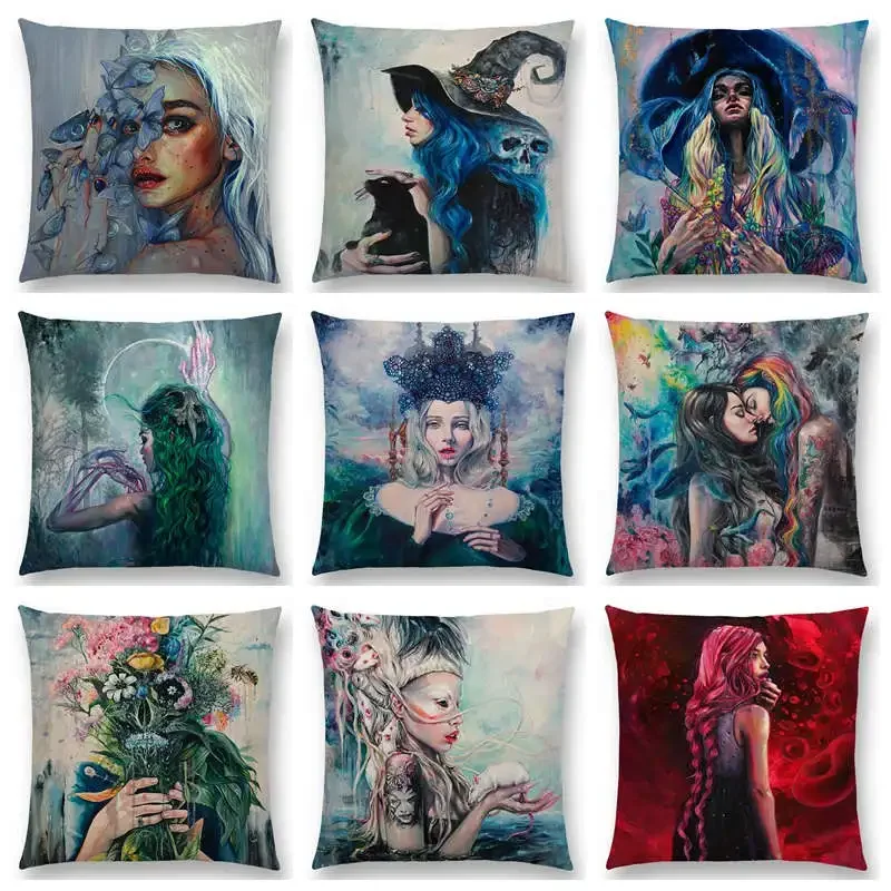 Gorgeous Oil Painting Cushion Cover Miracle Girl Wonder Beauty Magic Witch Beautiful Queen Narwhal Cat Swan Sofa Pillow Case